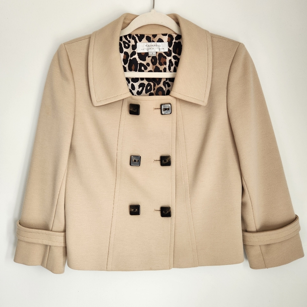 Tahari ASL Beige Double Breasted Blazer 3/4 Belted Sleeve Square Buttons Size 4